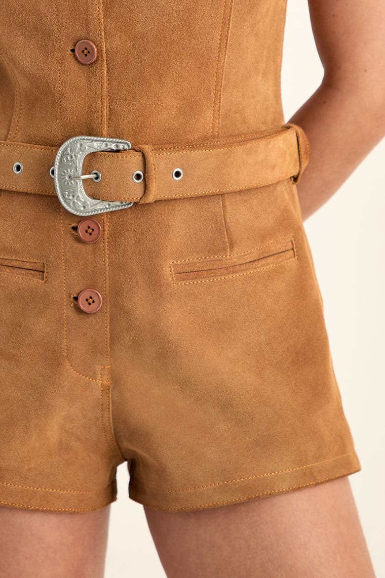 Real Suede Western Belted Playsuit, Alternate, color, Tan