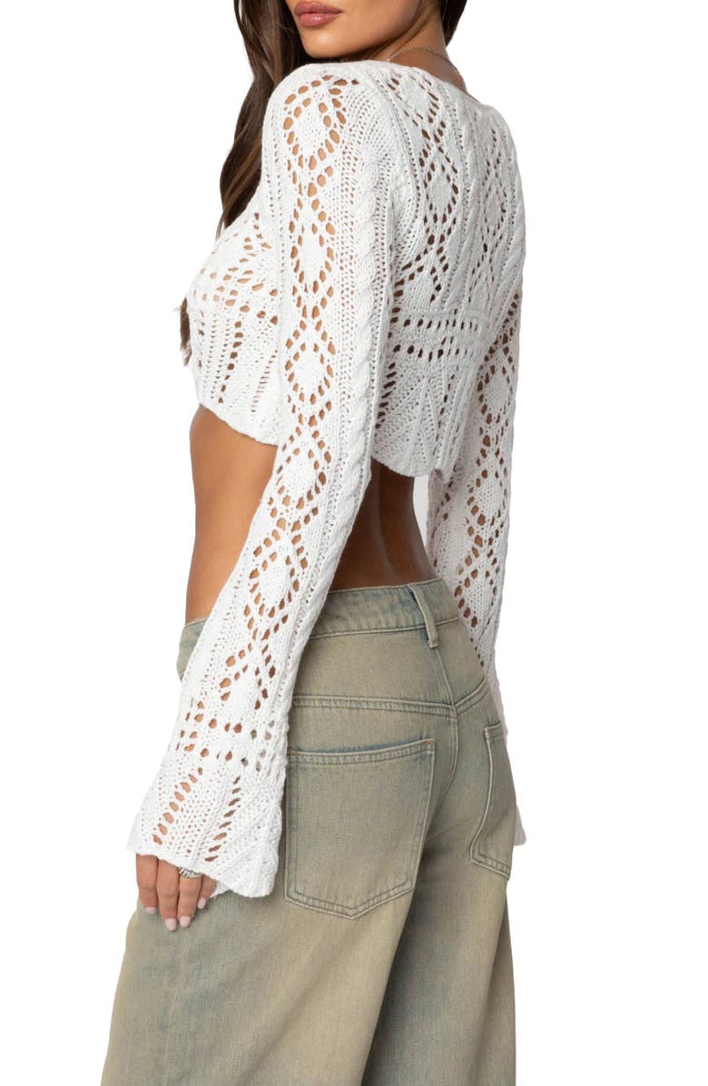 EDIKTED Tie Front Crochet Crop Top, Alternate, color, White