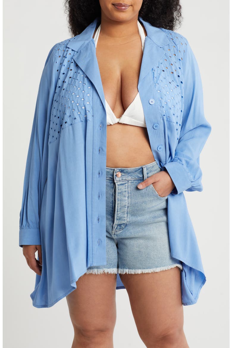 Eyelet Button-Up Shirt, Main, color, BLUE