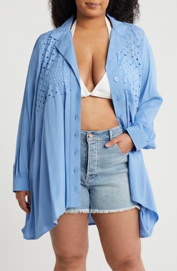 Boho Me Eyelet Button-up Shirt In Blue