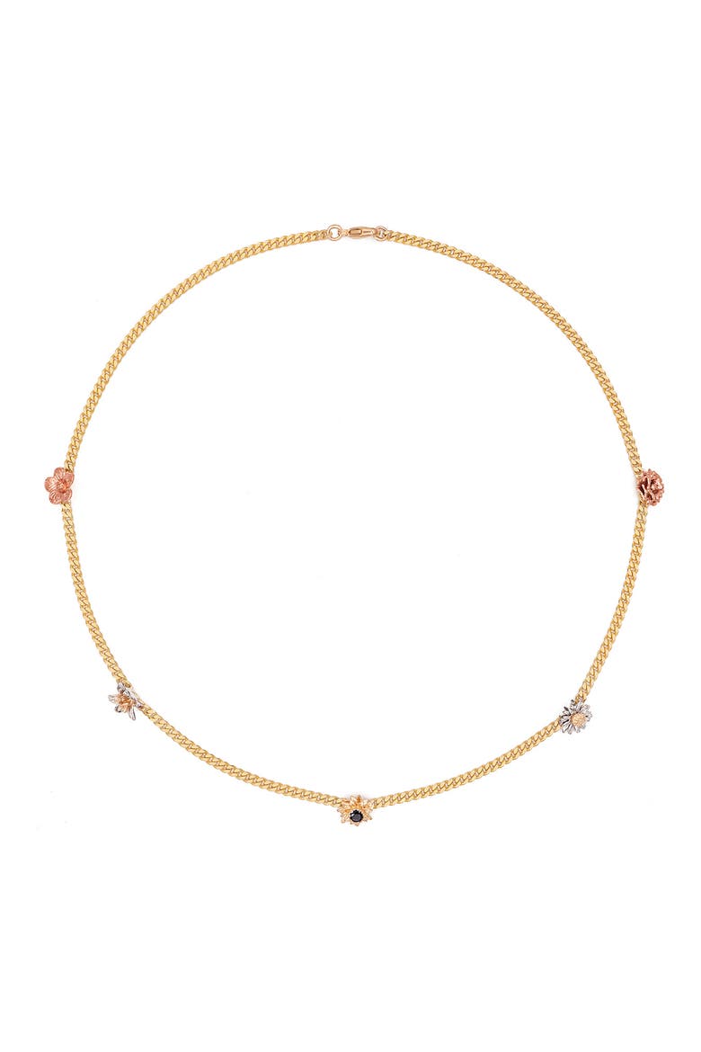 Floral Diamond Curb Link Necklace, Main, color, YELLOW GOLD