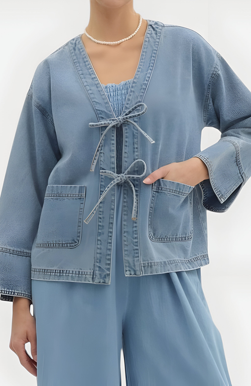 Modenaire Tie-front Denim Jacket With Patch Pockets In Blue
