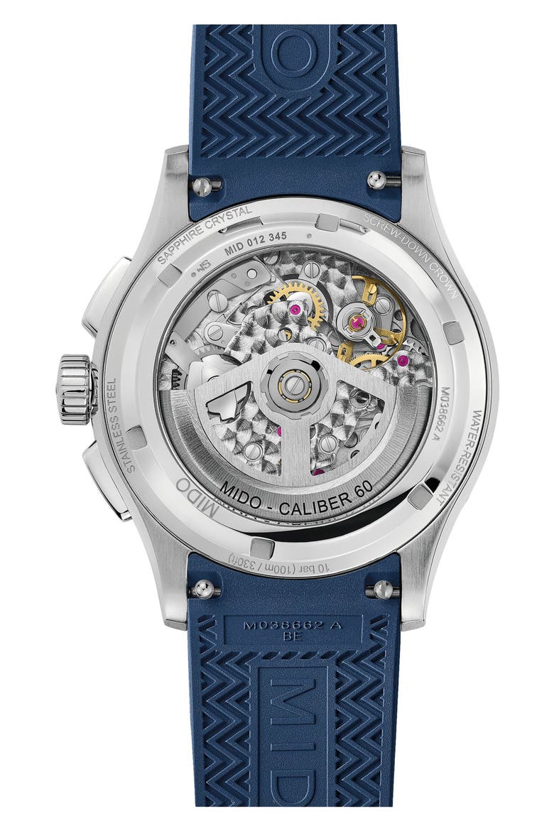 Multifort Skeleton Chronograph Automatic Rubber Strap Watch, 43mm, Alternate, color, BLUE