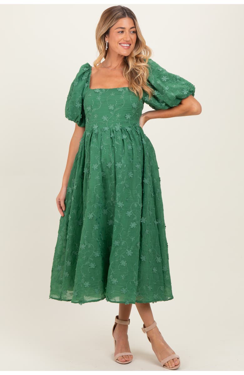 PinkBlush Embroidered Floral Puff Sleeve Midi Dress, Alternate, color, Forest Green