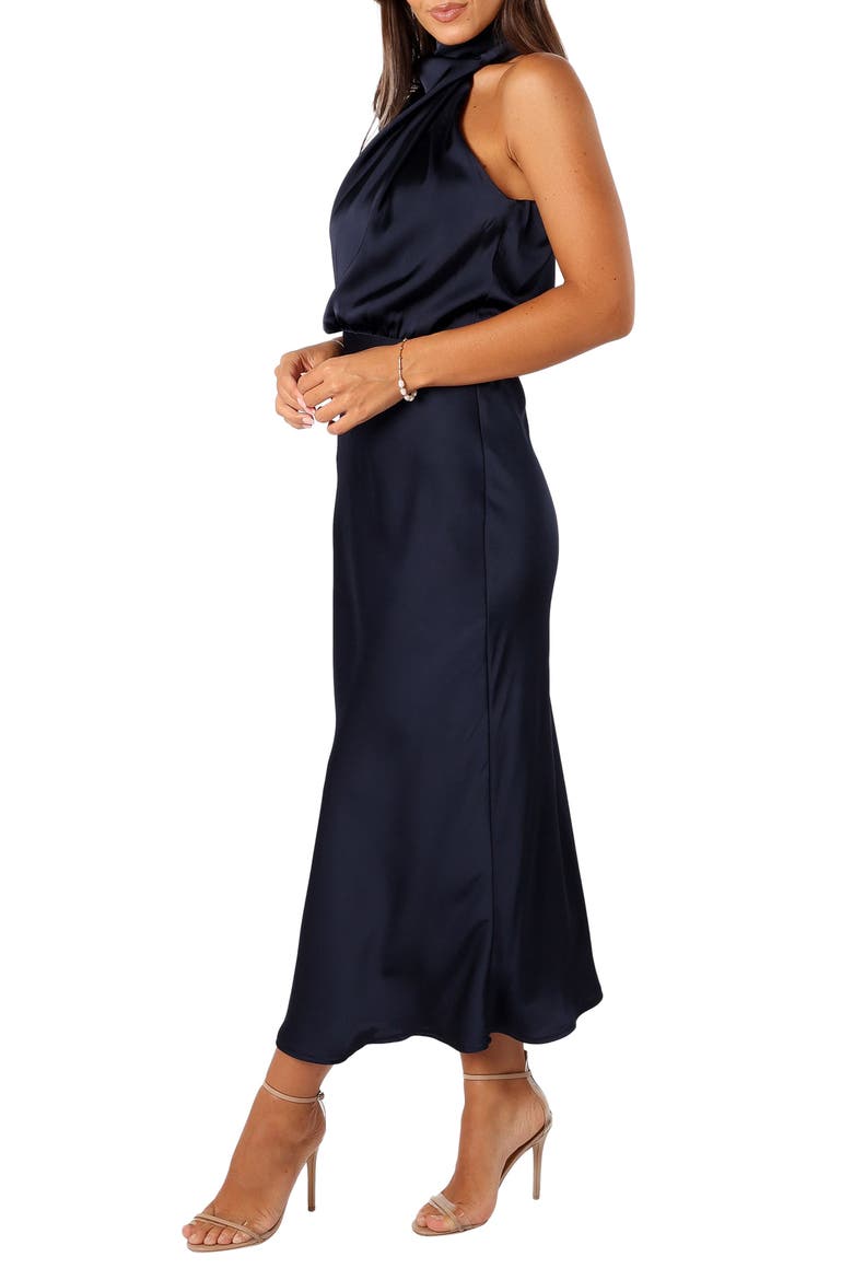 Anabelle Mock Neck Satin Midi Dress, Alternate, color, NAVY
