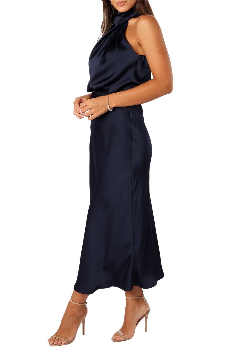 Petal & Pup Anabelle Mock Neck Satin Midi Dress, Alternate, color, Navy