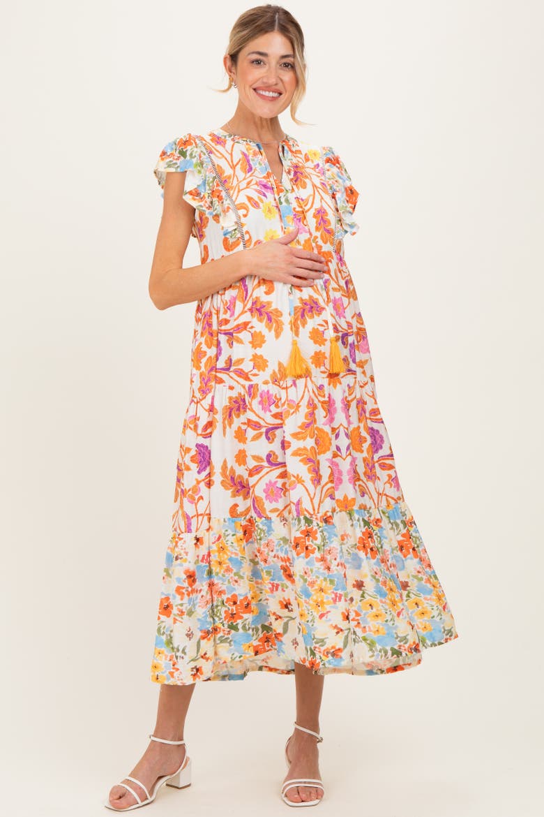 Colorblock Floral Tassel Front Tie Dress, Alternate, color, Orange