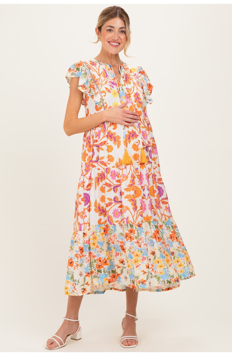 PinkBlush Colorblock Floral Tassel Front Tie Dress, Alternate, color, Orange