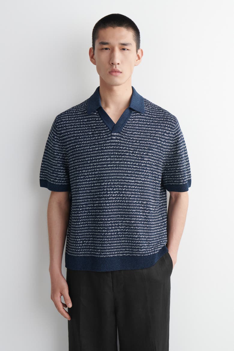 Open-knit Polo Shirt, Main, color, NAVY / WHITE / STRIPED