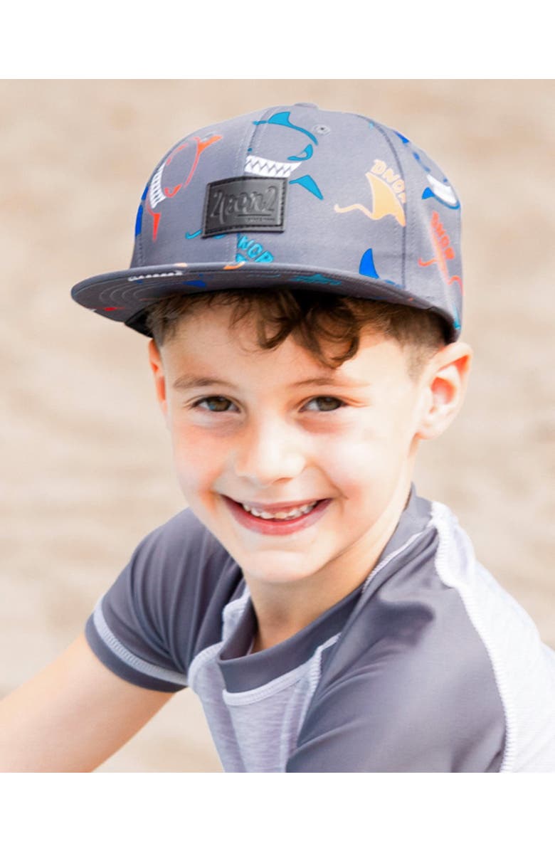 Deux par Deux Baby Boy's Printed Cap Orange, Red, And Blue Sharks On Gray, Alternate, color, 