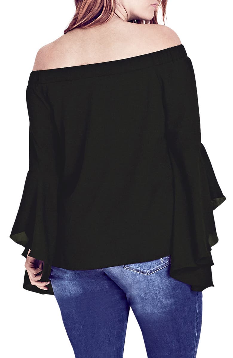 City Chic Romantic Off the Shoulder Bell Sleeve Top, Alternate, color,