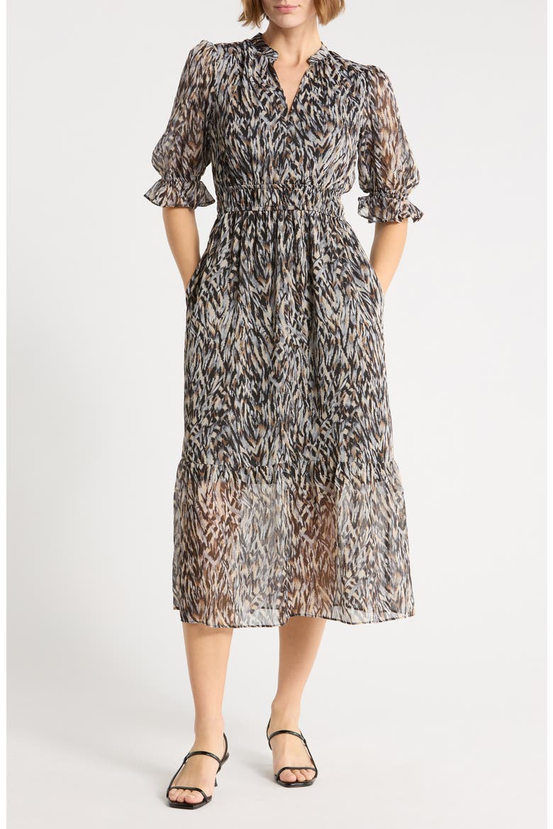 Puff Sleeve Tiered Midi Dress, Main, color, BLACK ANIMAL