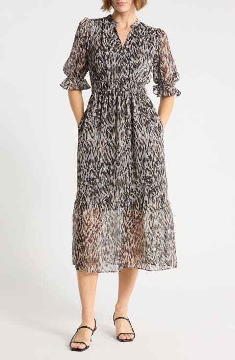 Puff Sleeve Tiered Midi Dress