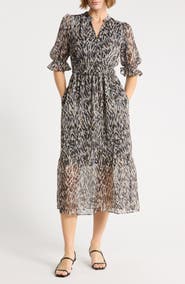 Eliza J Puff Sleeve Tiered Midi Dress