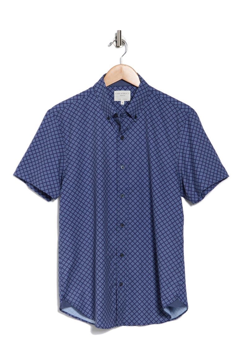Slim Fit Geometric Four-Way Stretch Performance Short Sleeve Button-Down Shirt, Alternate, color, NAVY