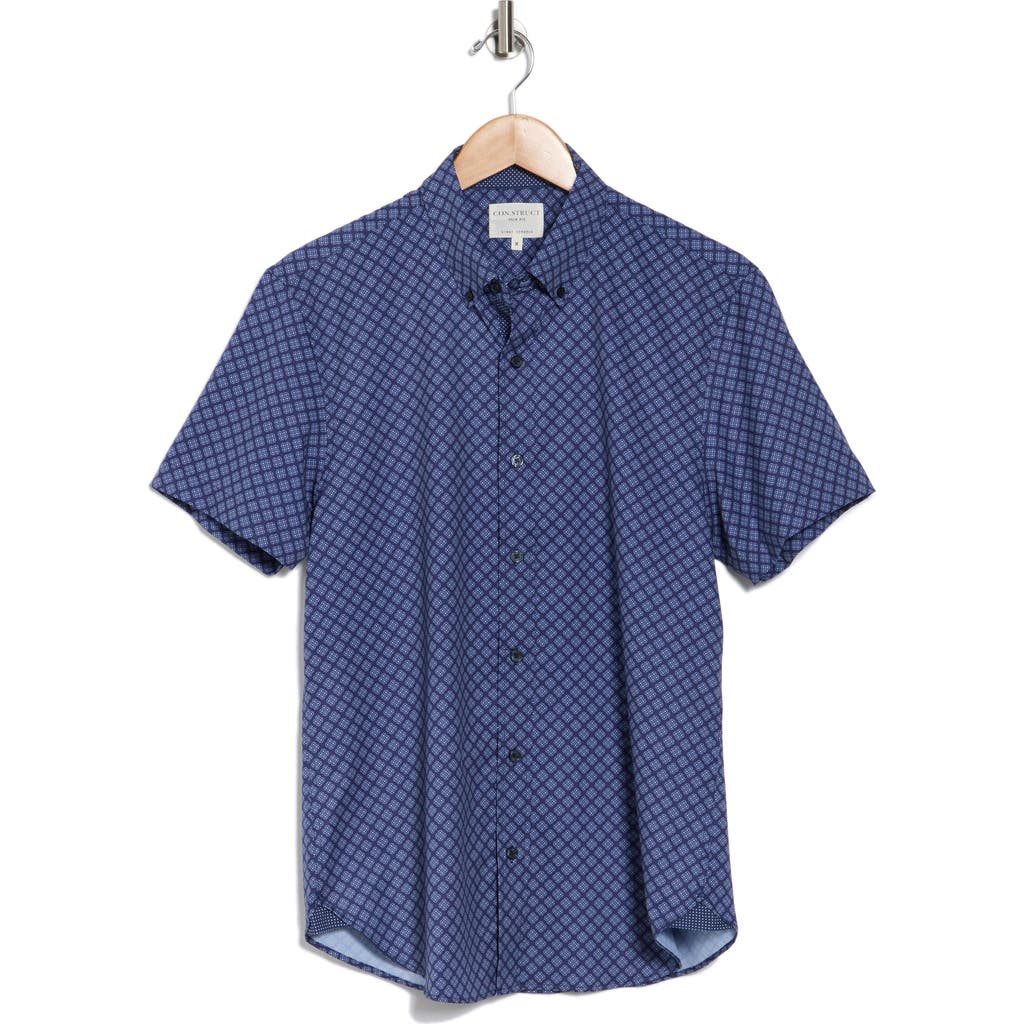 Construct Slim Fit Geometric Four-way Stretch Performance Short Sleeve Button-down Shirt In Navy