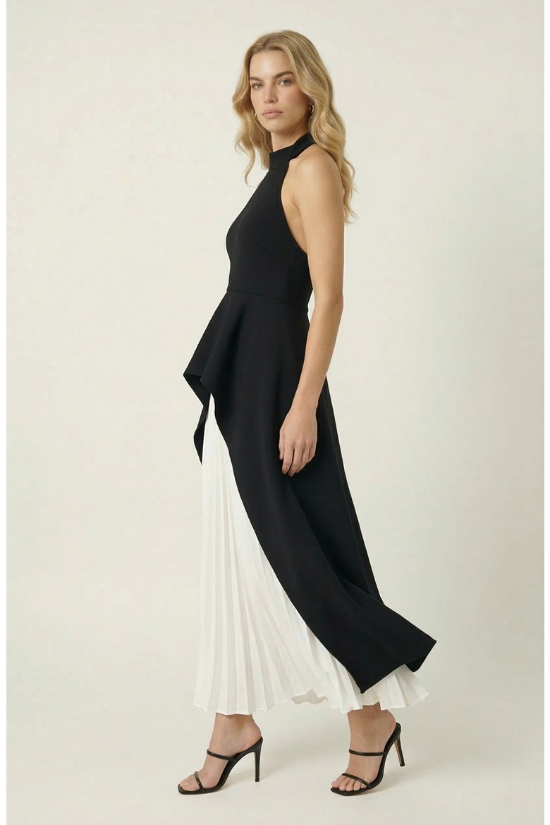Halter Neck Asymmetric Layered Dress, Alternate, color, Black / White