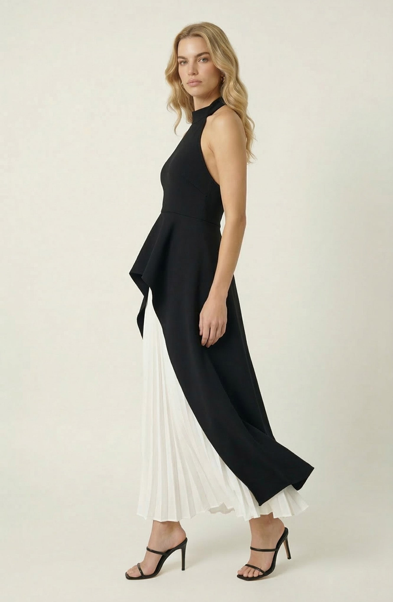 Modenaire Halter Neck Asymmetric Layered Dress, Alternate, color, Black / White