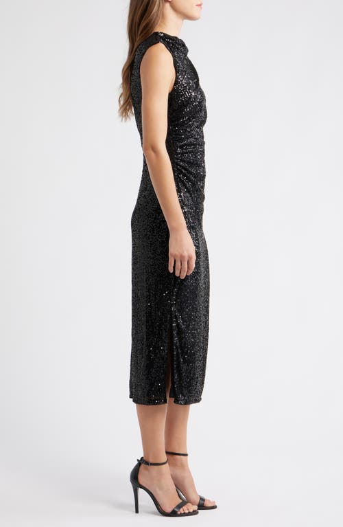 Anne Klein Draped Sleeveless Sequin Sheath Midi Dress In Black
