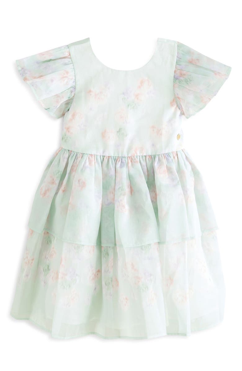 Laura Ashley Kids' Blurred Floral Organza Party Dress, Main, color, Green