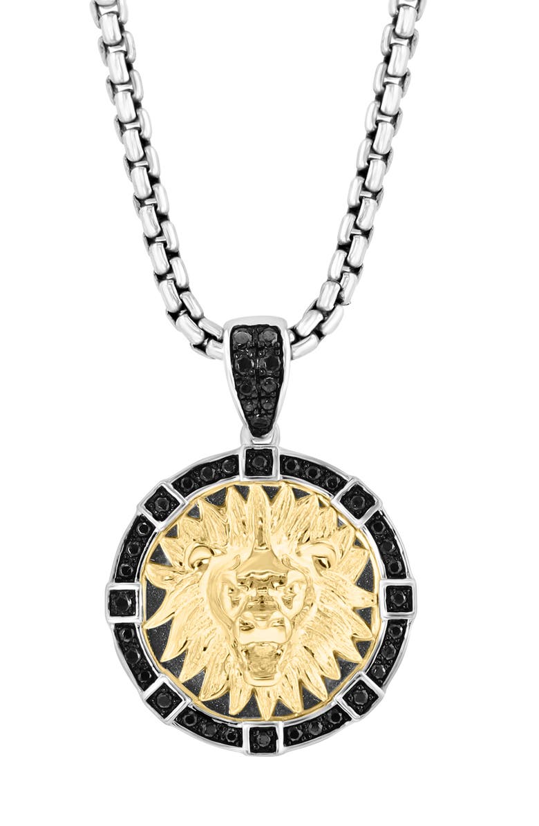 EFFY Two-Tone Black Spinel Lion Head Medallion Pendant Necklace, Alternate, color, Black