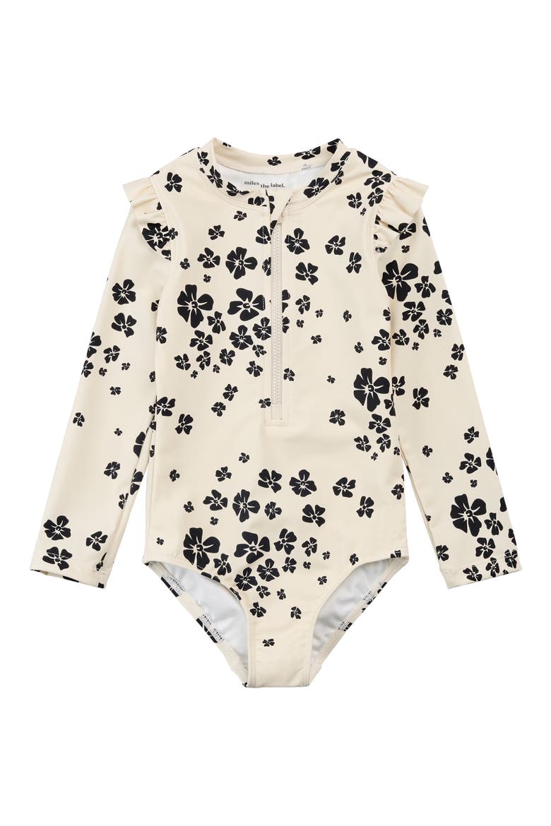 Kids' Floral Long Sleeve Zip-Up UPF 50+ One-Piece Rashguard Swimsuit, Main, color, BEIGE
