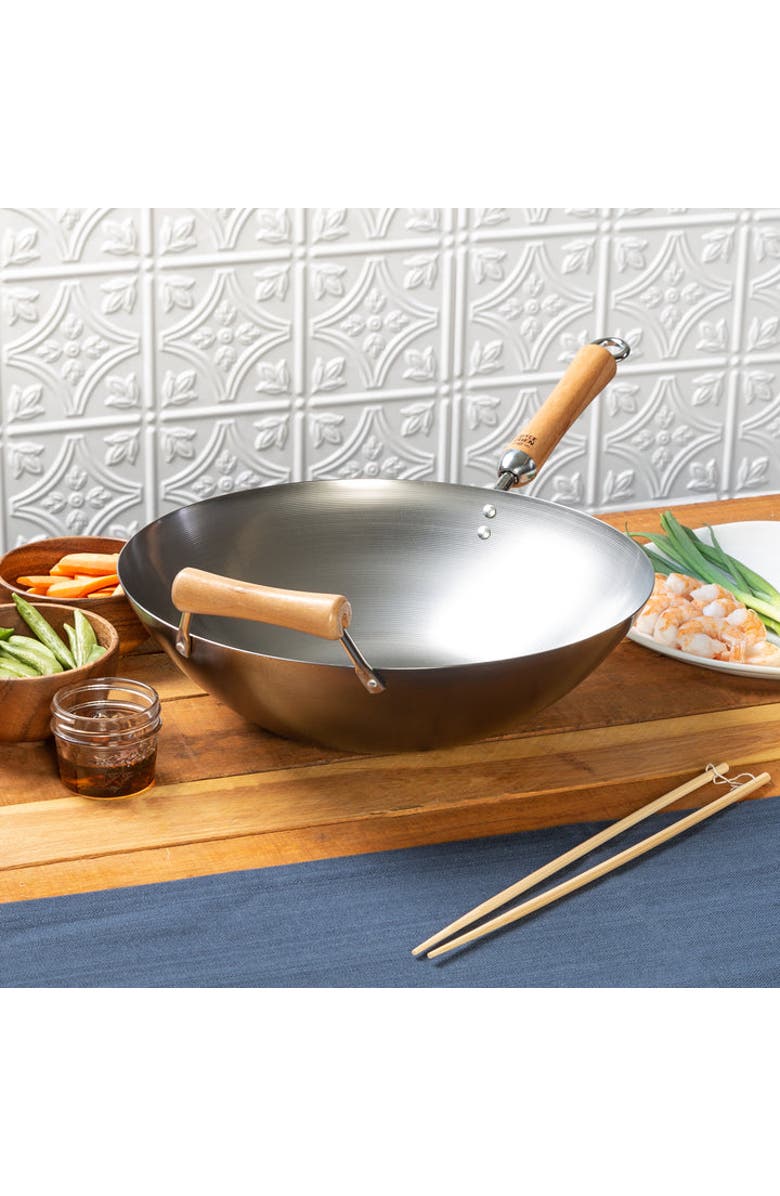JOYCE CHEN Uncoated Carbon Steel Flat Bottom Wok with Birch Handles, 14-Inch, Alternate, color, Metallic Silver