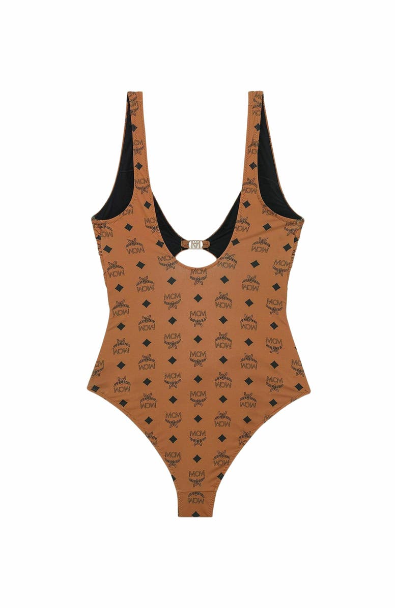 MCM Monogram Print Swimsuit, Alternate, color, Cognac
