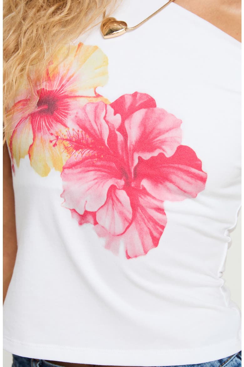Edwardi Hibiscus One-Shoulder Graphic Top, Alternate, color, WHITE