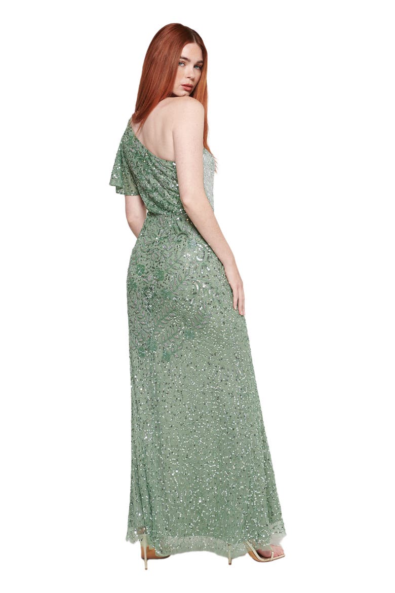 Occasion Embellished Sequin Beaded One Shoulder Short Sleeves Evening Dress, Alternate, color, DARK GREEN