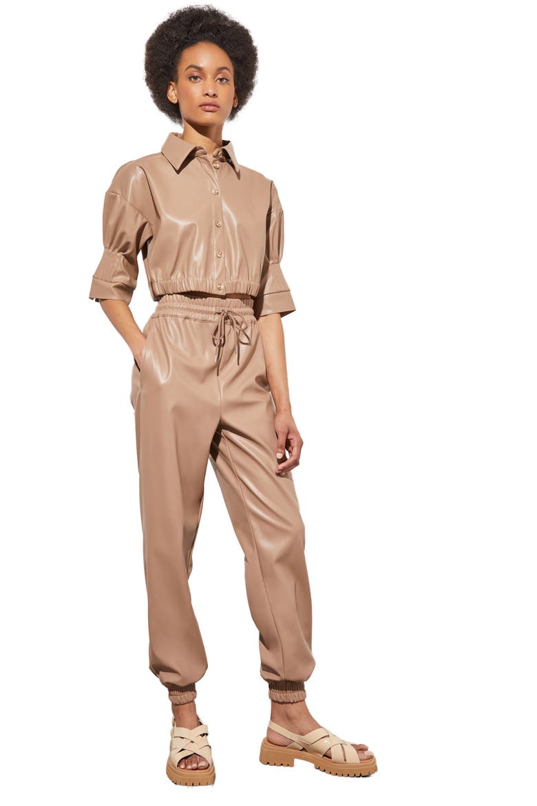 Faux Leather Crop Shirt, Alternate, color, JAVA