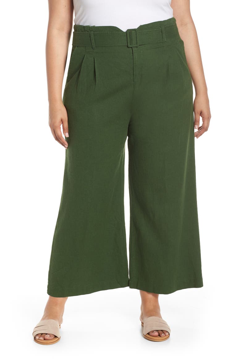 Belted Wide Leg Linen Blend Pants, Main, color, GREEN PASTURES