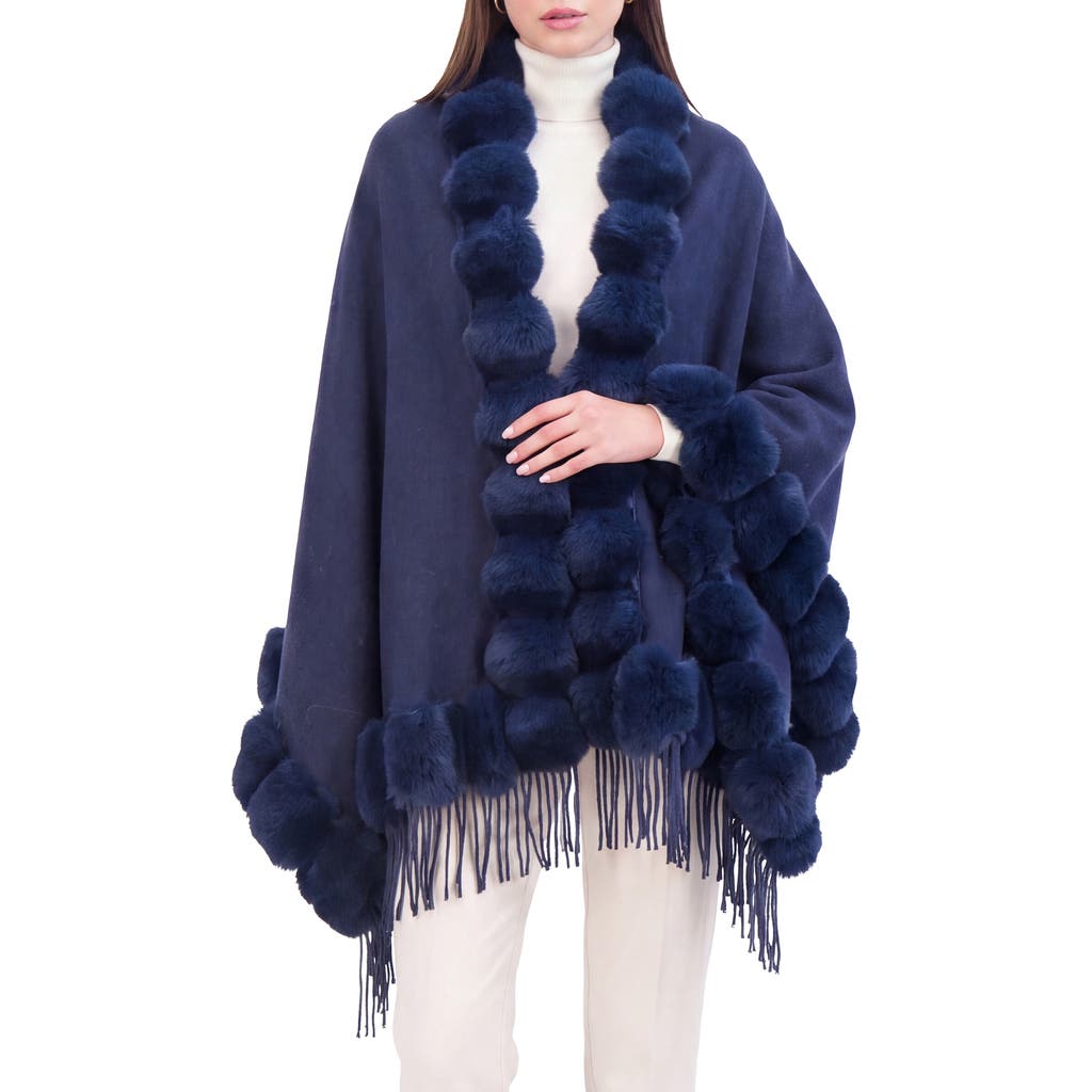 Lyla Grant Cashmere & Wool Blend Cape With Fur-Free Chinchilla (Faux Fur) Trim in Navy/navy Chinch at Nordstrom