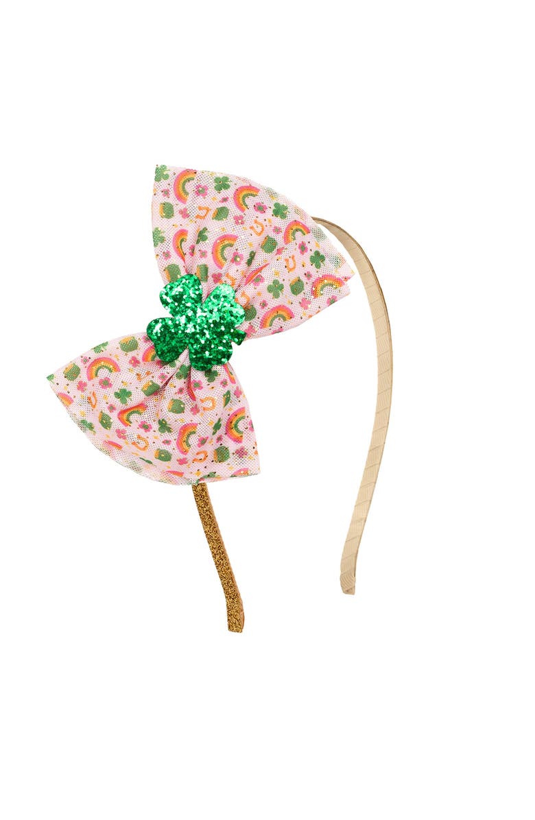 Sweet Wink Lucky Doodle St. Patrick's Day Tulle Bow Headband, Main, color, 