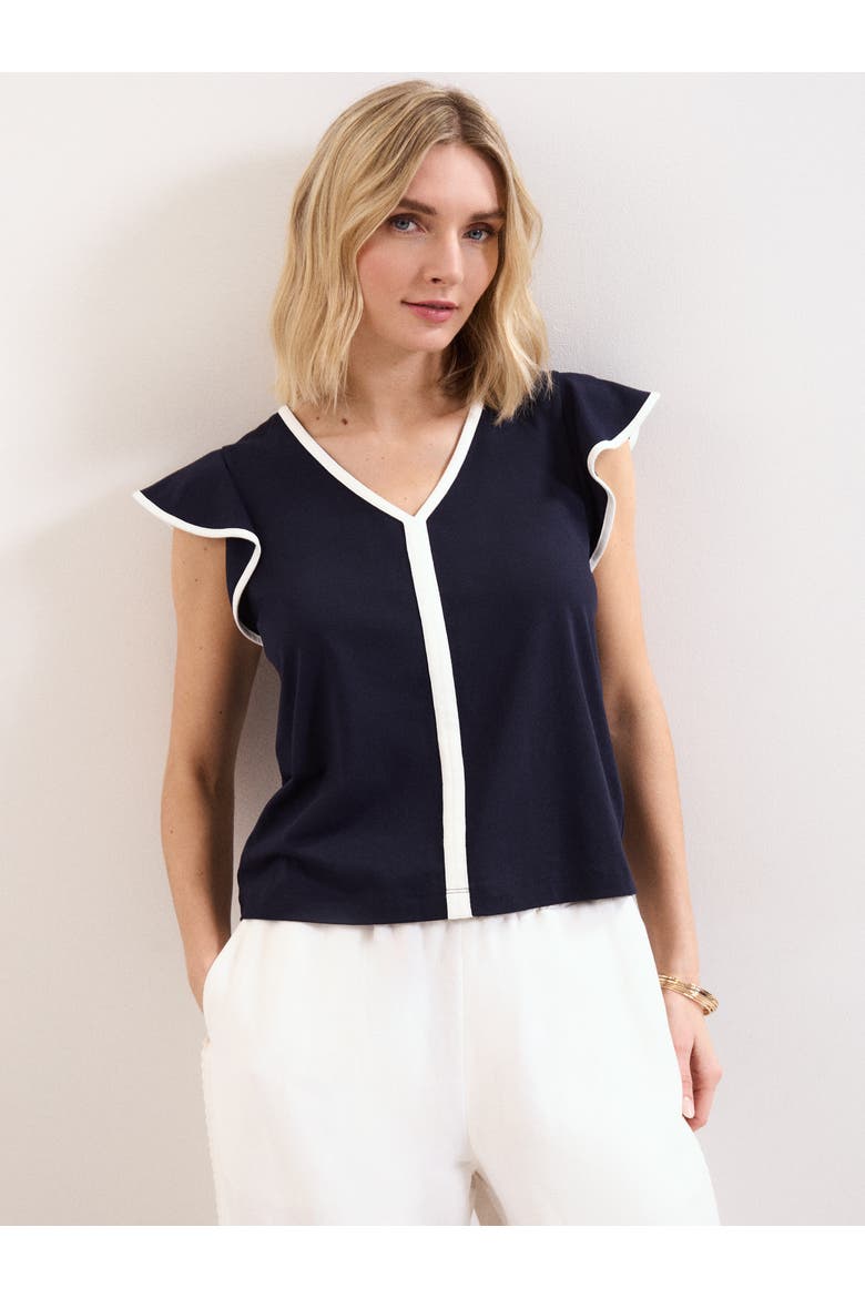 Fleur Ruffle Sleeve V-Neck Top, Main, color, Navy