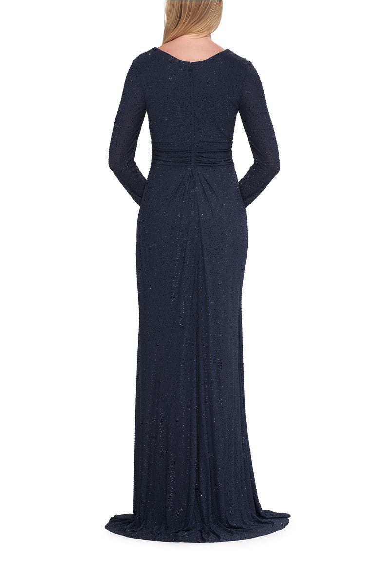 Long Sleeve Rhinestone Gown with Pleated Waist, Alternate, color, Navy