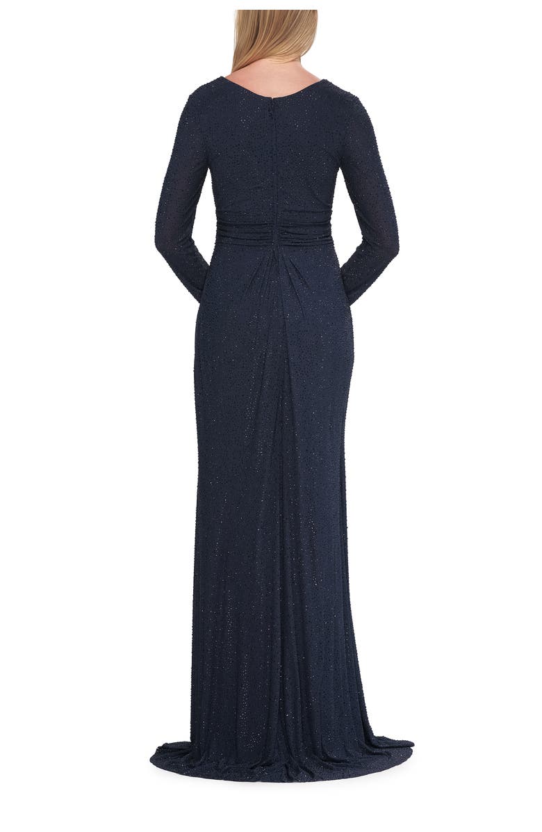 La Femme Long Sleeve Rhinestone Gown with Pleated Waist, Alternate, color, Navy