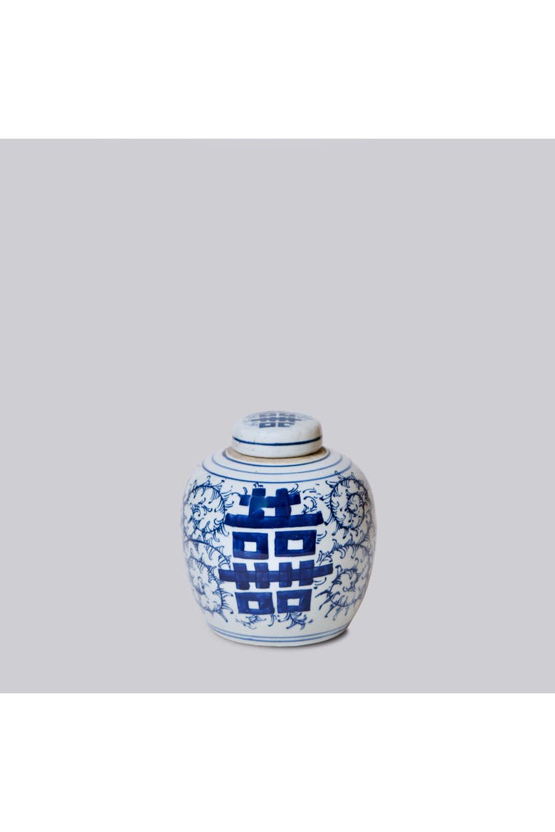 Porcelain Double Happiness Round Storage Jar, Main, color, Blue + White