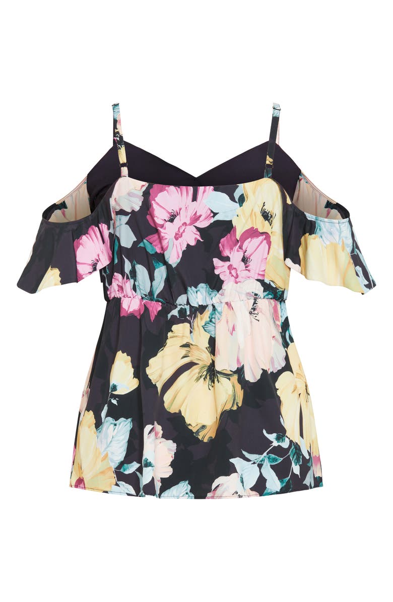 City Chic Kallie Floral Cold Shoulder Top, Alternate, color, Black Melanie Bloom