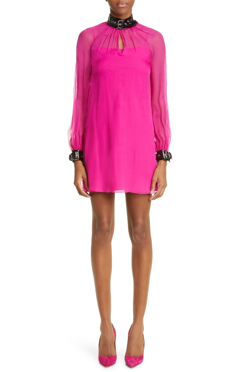 Moschino Semisheer Belted Detail Long Sleeve Silk Chiffon Dress, Main, color, 