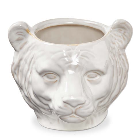 Mountain Lion Ceramic Planter White Garden Pot Indoor Outdoor