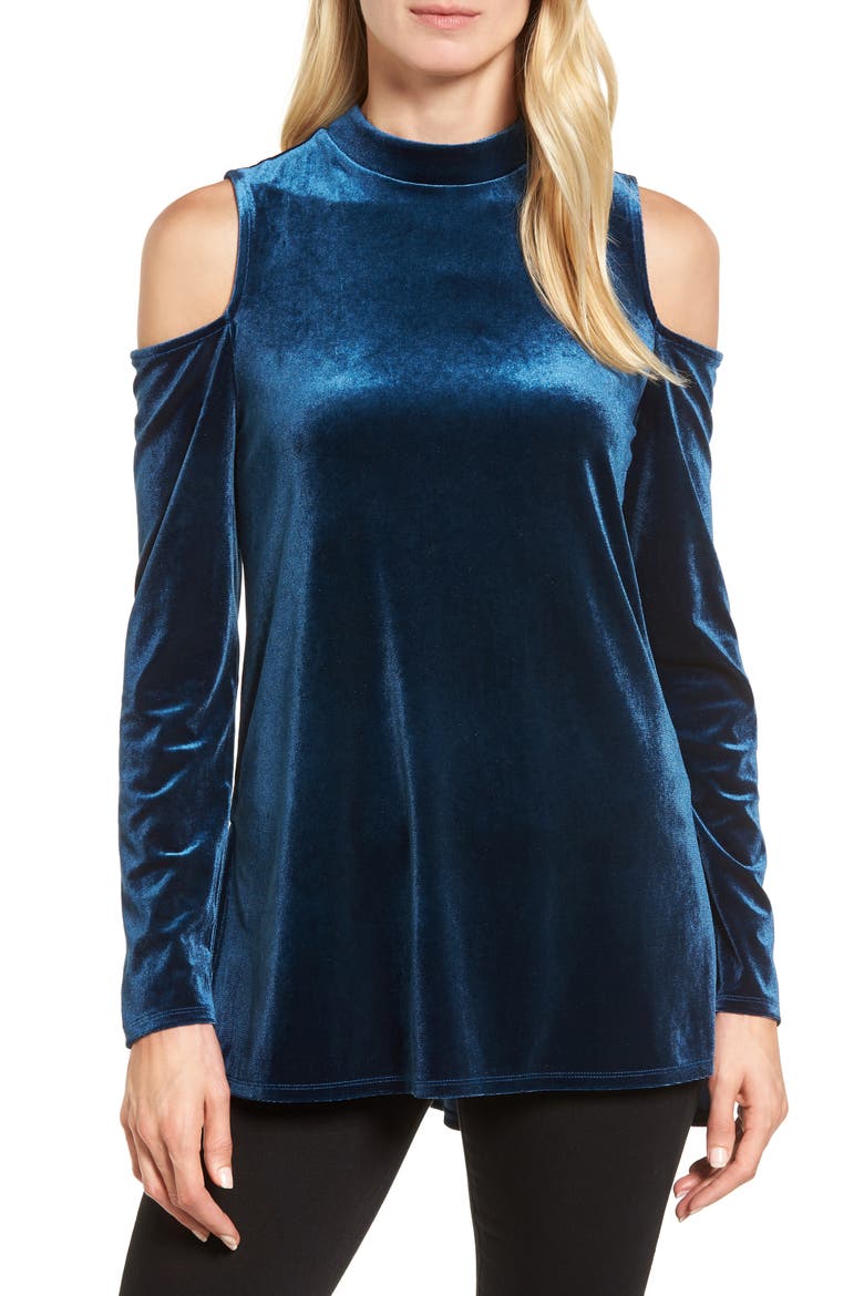 Velvet Cold Shoulder Top, Main, color, BLUE CERAMIC