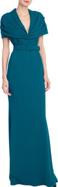 Badgley Mischka Collection Pleated Shoulder Overlay Gown