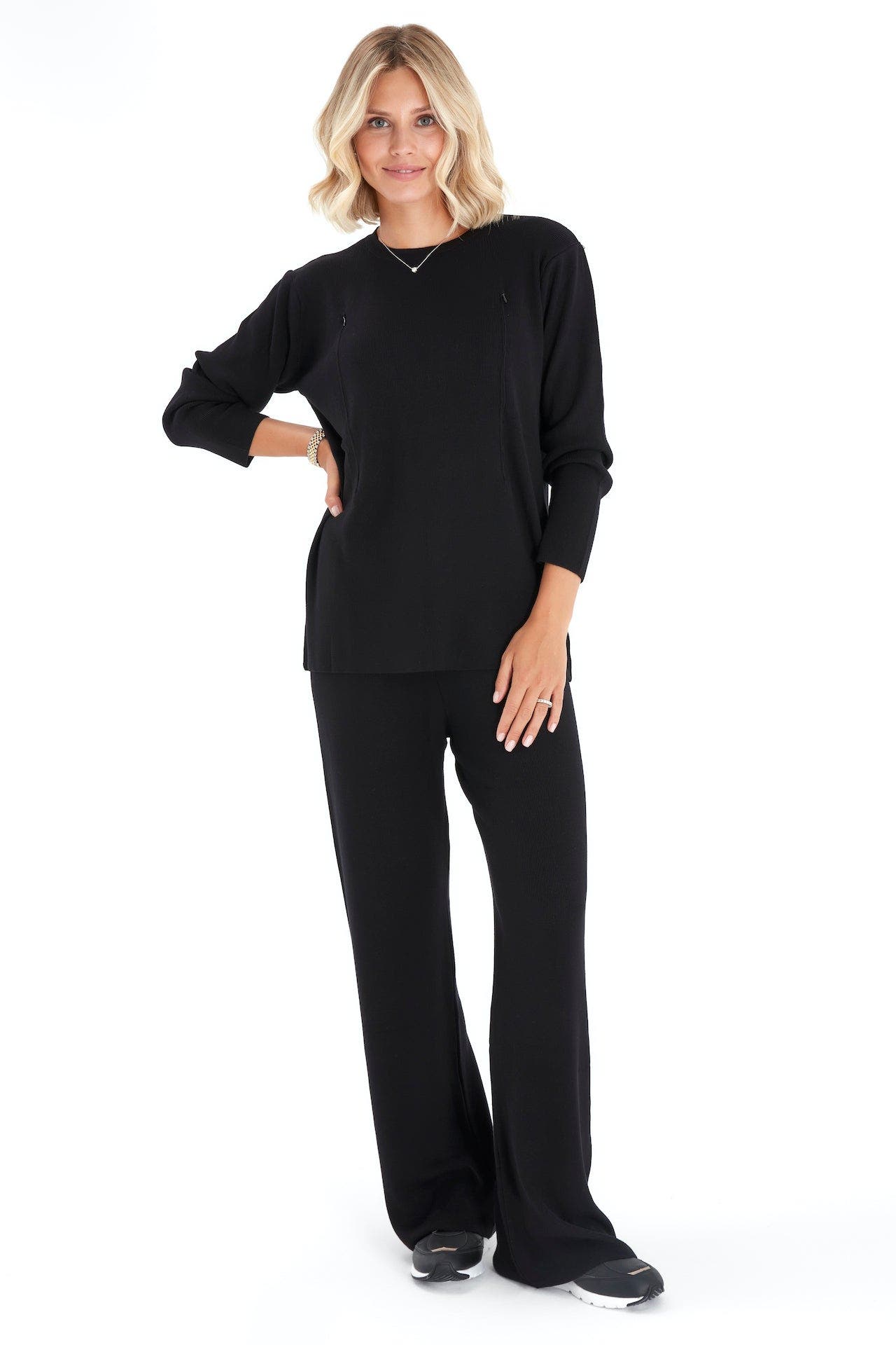Effortless Elegance Set with Rib Side Zip Long Sleeve Top & Lounge Pants - image 2