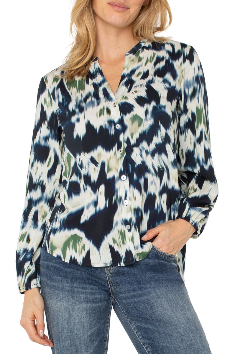 Liverpool Los Angeles Shirred Yoke Button-Up Shirt, Main, color, Navy Multi Ikat