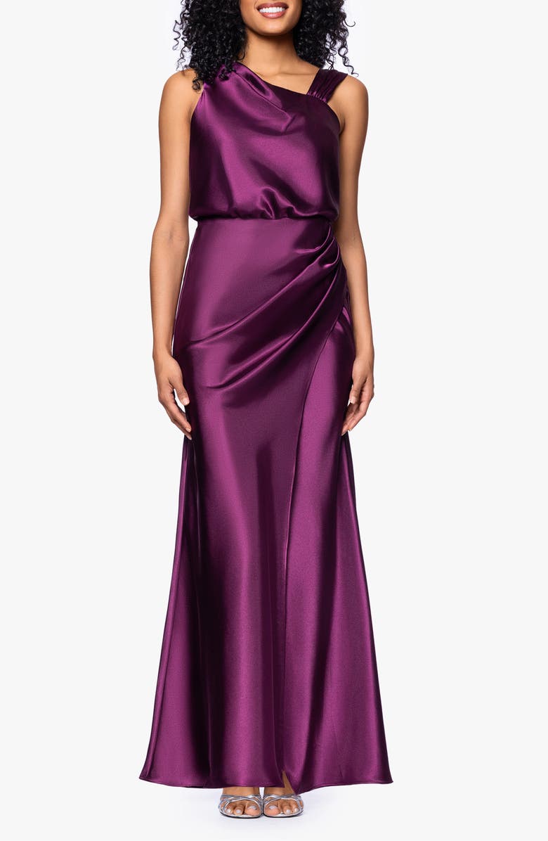 Betsy & Adam Ruched Charmeuse Sheath Gown, Main, color, Plum