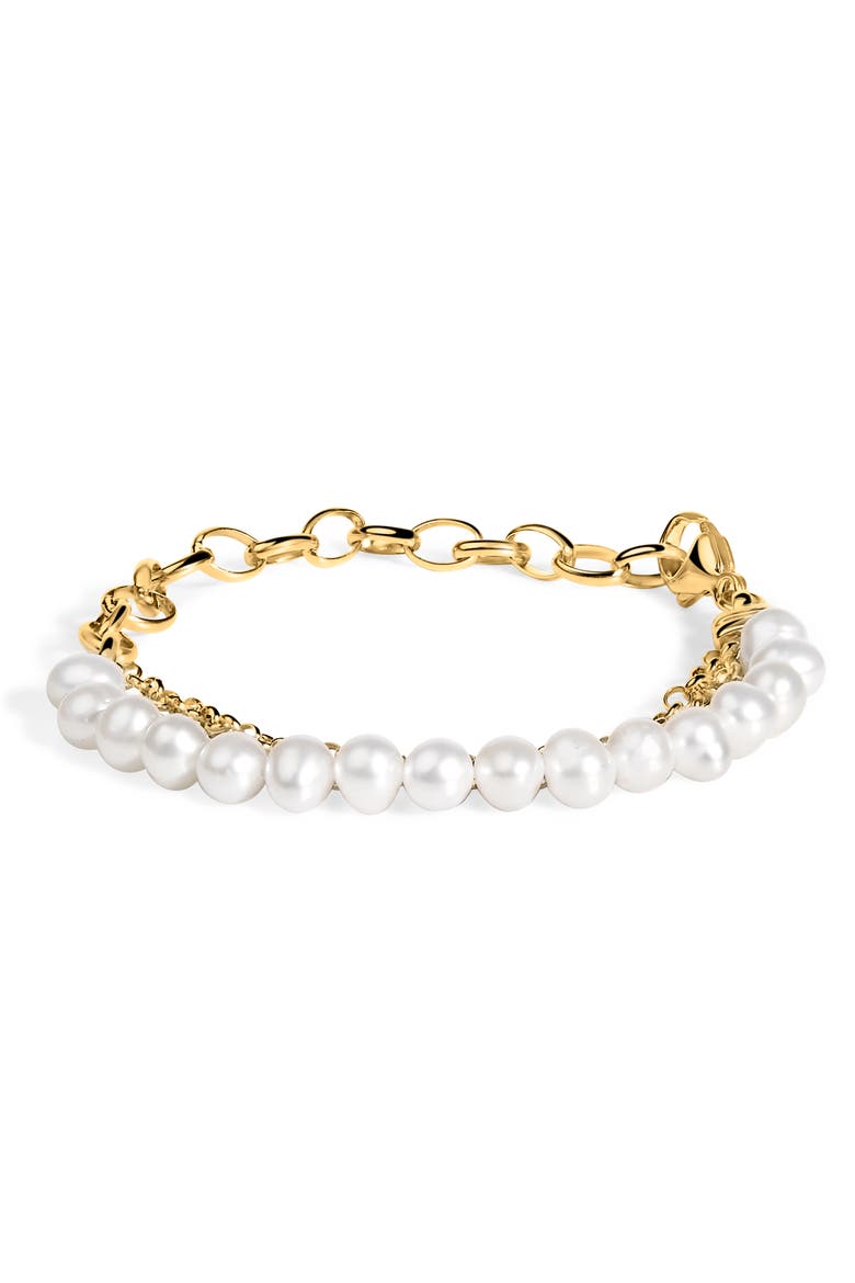 18K Yellow Gold Vermeil Cultured Pearl Station Link Bracelet, Main, color, Yellow Gold over Silver