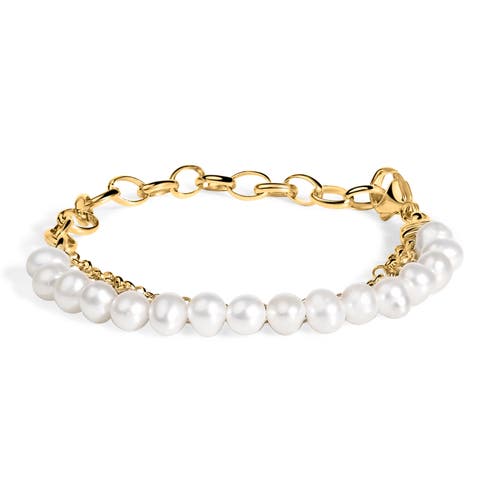 18K Yellow Gold Vermeil Cultured Pearl Station Link Bracelet