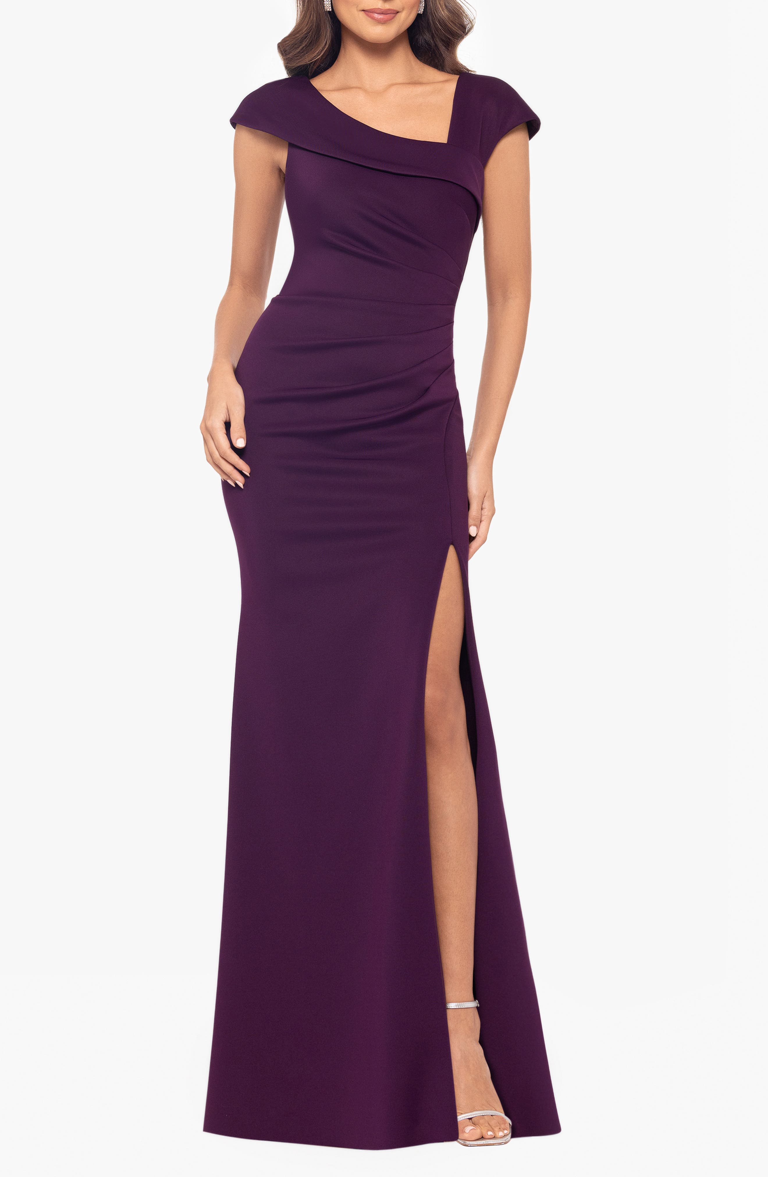 Xscape Evenings Asymmetric Neck Scuba Knit Trumpet Gown in Plum 