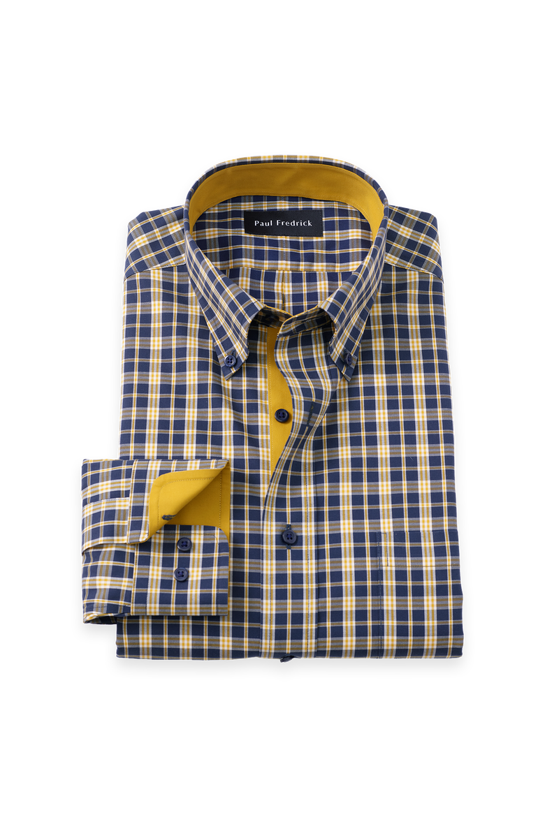 Cotton Spandex Buttondown Collar Pinpoint Tailored Contrast Trim Button Cuff Long Sleeve Shirt, Main, color, Navy/Gold